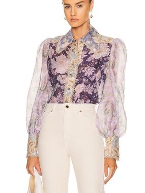 Zimmerman Floral Puff-Sleeve Button-Up Blouse in Lavender - Designer